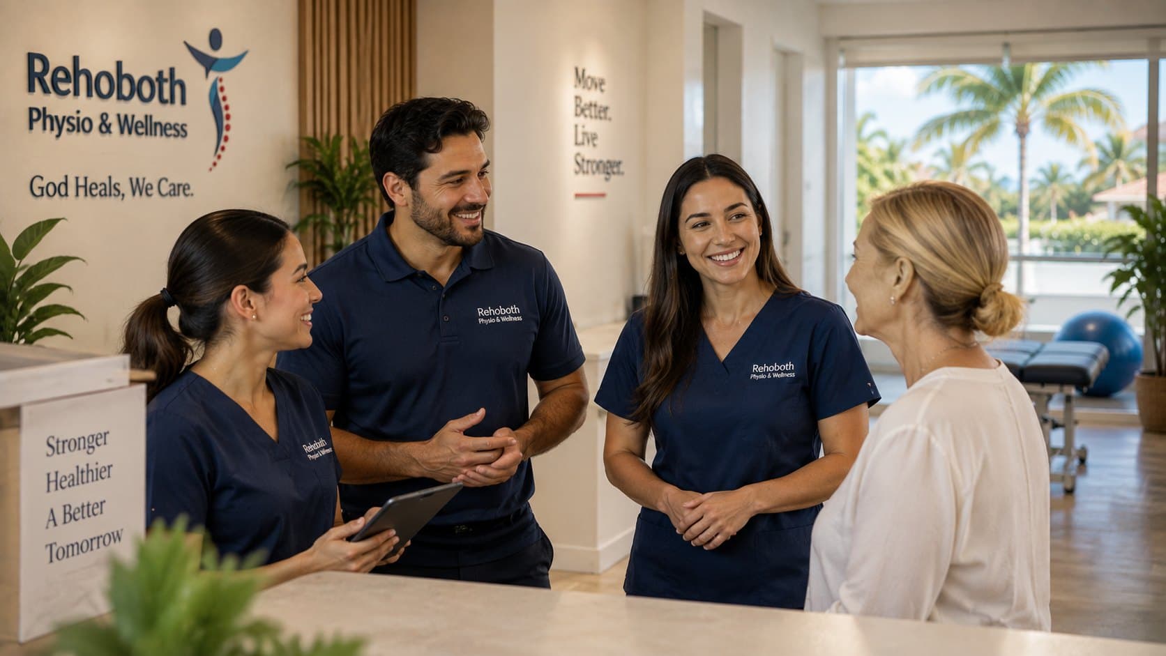 Rehoboth physiotherapy team at the Grand Cayman clinic, ocean view